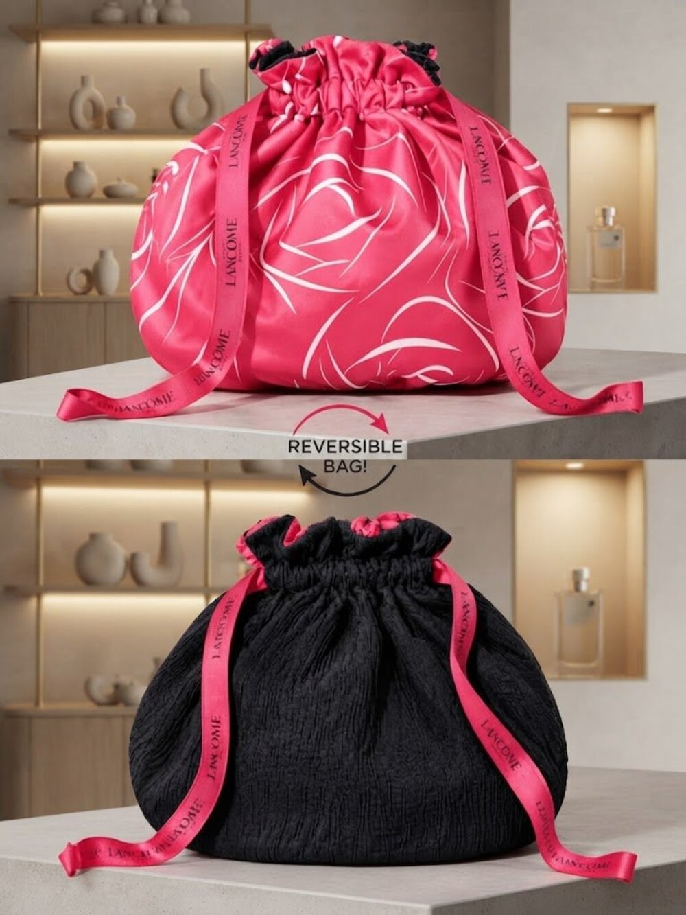 Lancome Reversible Drawstring Makeup Bag Travel Pink Black Cosmetic Pouch